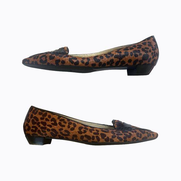Talbots Bond9 Baby Leopard Heel Flat Brown Black Leather Calf Hair Y2K 90s 7.5B - Picture 1 of 11